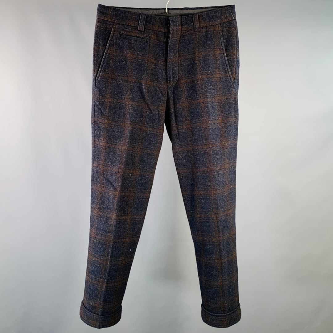 TS (S) Size 30 Navy Brown Plaid Wool Blend Cuffed Button Fly Dress Pants