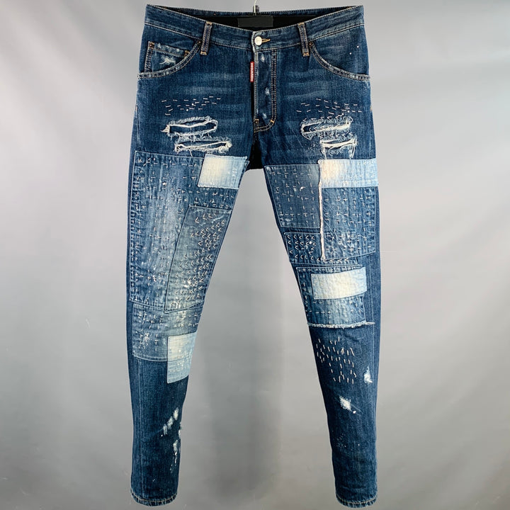 DSQUARED2 Size 32 Indigo Sashiko Distressed Denim Button Fly Jeans
