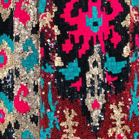 NAEEM KHAN Size S Black Pink Green Sequined Pencil Below Knee Skirt