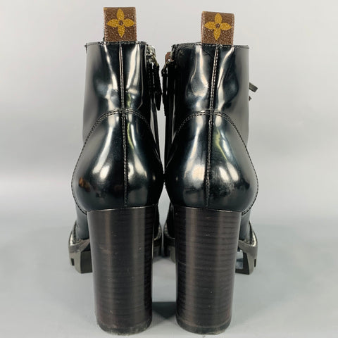 LOUIS VUITTON Size 7.5 Black Patent Leather Tread Sole Lace-Up Boots
