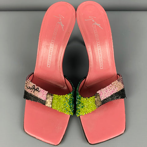 GIUSEPPE ZANOTTI Size 7.5 Pink Multi Color Leather Beaded Square Toe Sandals