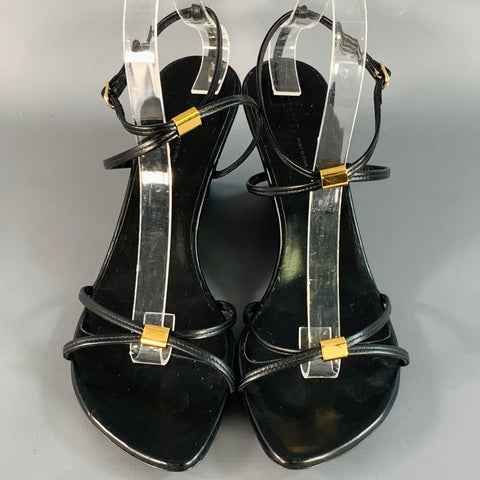 KHAITE Size 9.5 Seneca Black Gold Leather Straps Wedge Sandals