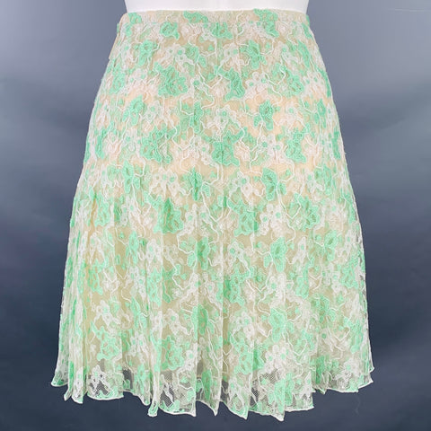 CHRISTOPHER KANE Size 6 Green Cream Silk Pleated Above Knee Skirt