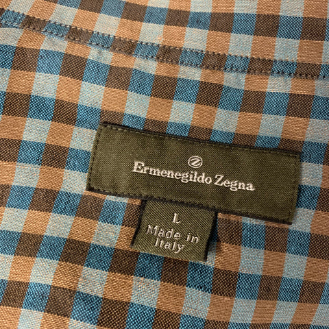 ERMENEGILDO ZEGNA Size L Orange Blue & Grey Checkered Long Sleeve Shirt