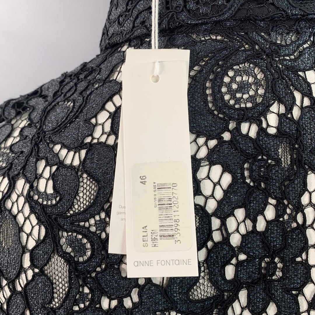 ANNE FONTAINE Size XL Selia Grey Black Polyamide Cotton Blend Lace Button Up Blouse