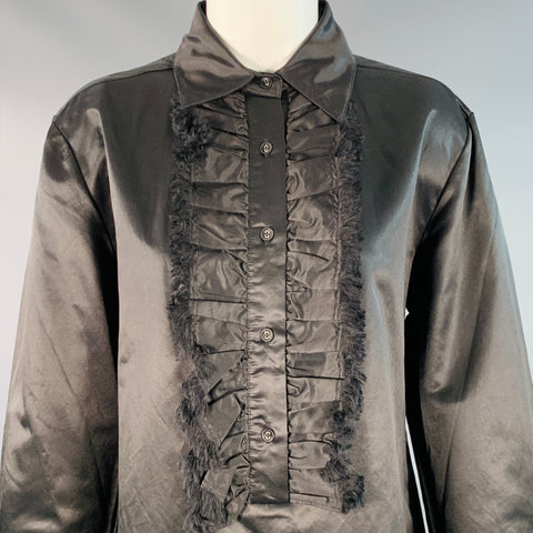 CYNTHIA ROWLEY Size XS Black Cotton Silk Ruffled Long Placket Button Up Shirt