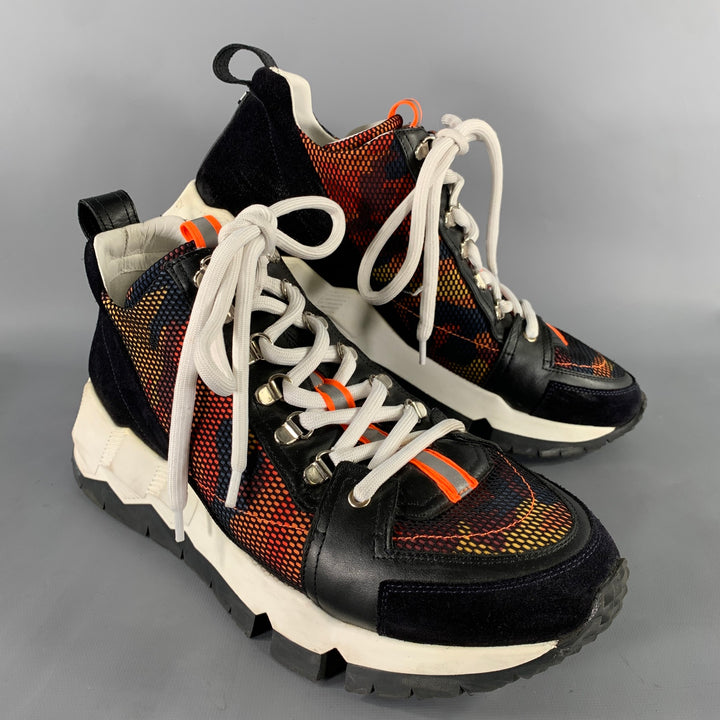 PIERRE HARDY Size 13 Black White Orange Mesh Canvas Runner Sneakers