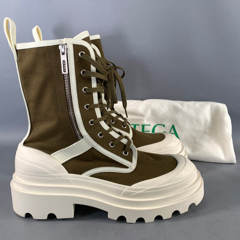 BOTTEGA VENETA Size 13.5 Green Cream Canvas Ankle Boots