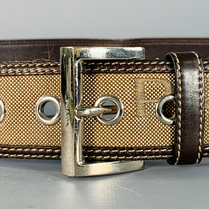 PRADA Size 38 Tan Brown Logo Canvas Leather Belt