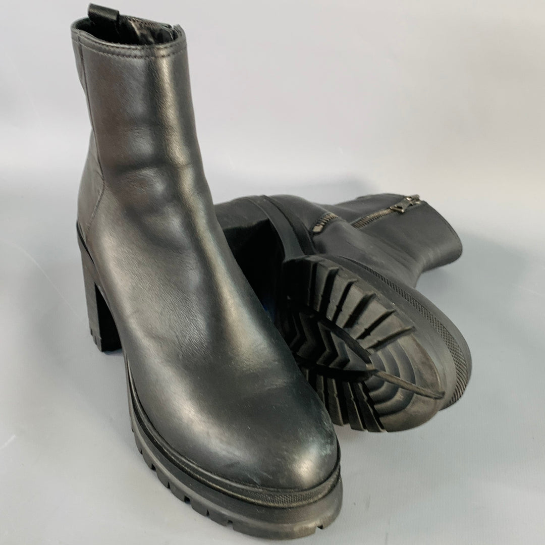 PRADA Size 6 Black Leather Tread Sole Stacked Heel Boots