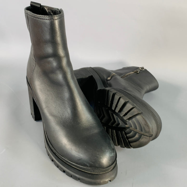 PRADA Size 6 Black Leather Tread Sole Stacked Heel Boots