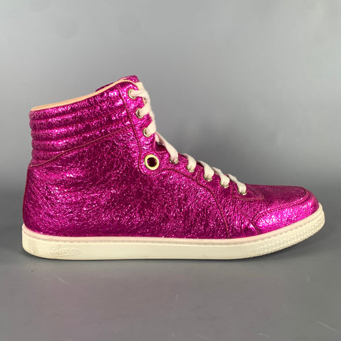 GUCCI Size 8 Pink Metallic Leather High Top Sneakers