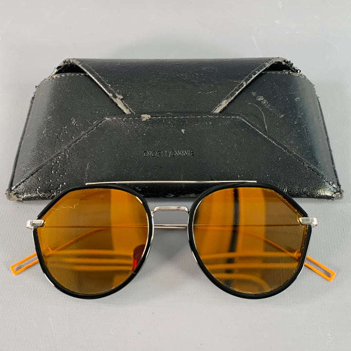 DIOR HOMME Black Orange Metal Round Mirrored Aviator Sunglasses
