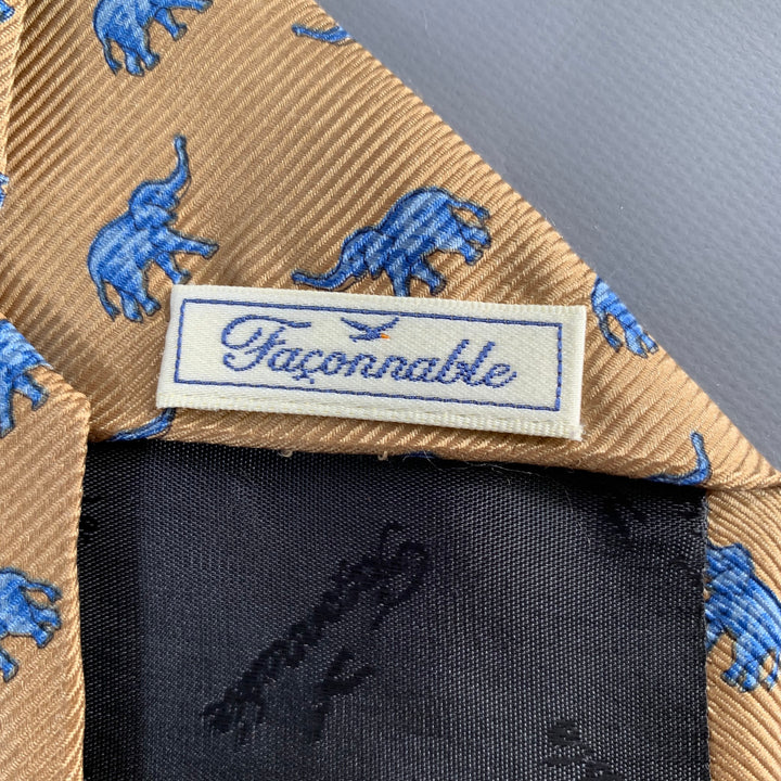 FACONNABLE Blue Taupe Elephants Silk Tie