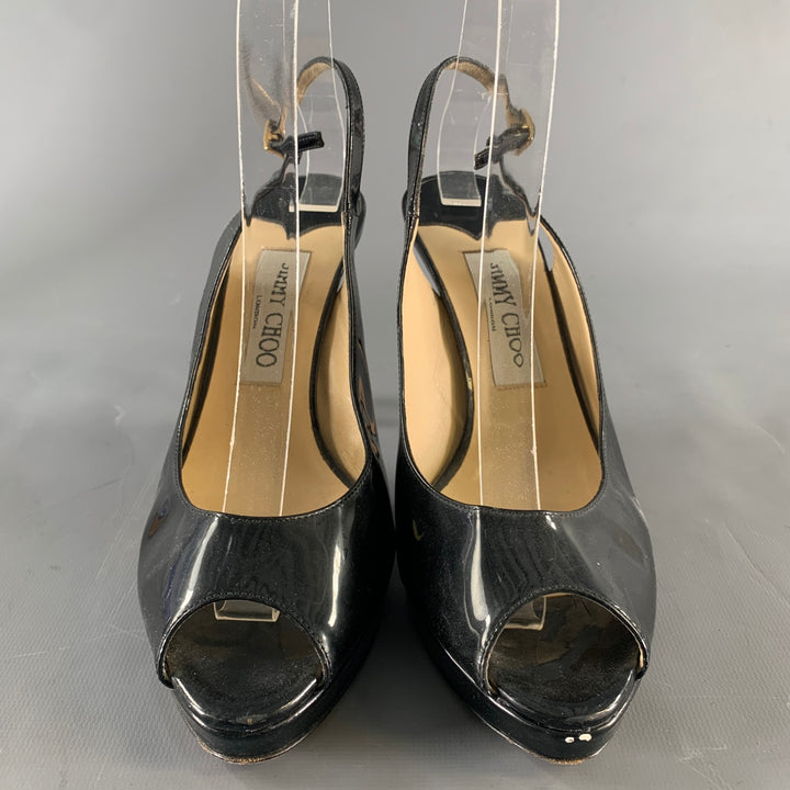 JIMMY CHOO Size 8 Black Patent Leather Slingback Sandals