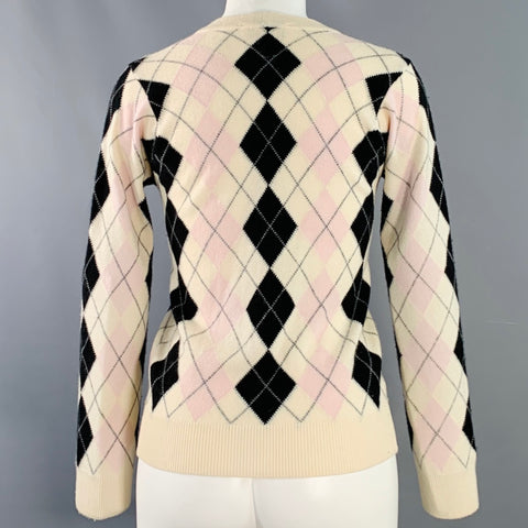 PRINGLE Taille S Crème Rose Noir Cachemire Cardigan Col V motif Argyle