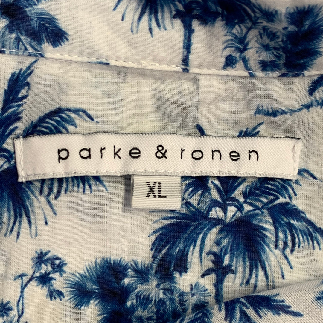 PARKE & RONEN Size XL White Blue Palms Cotton Point Collar Short Sleeve Shirt