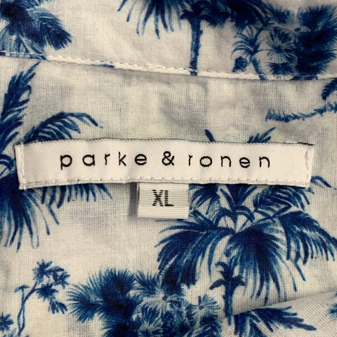 PARKE & RONEN Size XL White Blue Palms Cotton Point Collar Short Sleeve Shirt