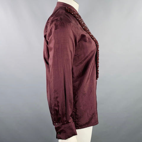 DRIES VAN NOTEN Size L Brown Burgundy Silk Beaded French Cuff Shirt