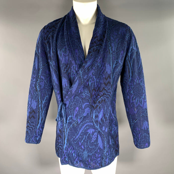 MISSONI Size 38 Blue Navy Jacquard Cotton flax Shawl Collar Jacket