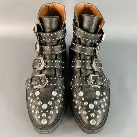 GIVENCHY Size 8 Black Studded Leather Belted Ankle Boots