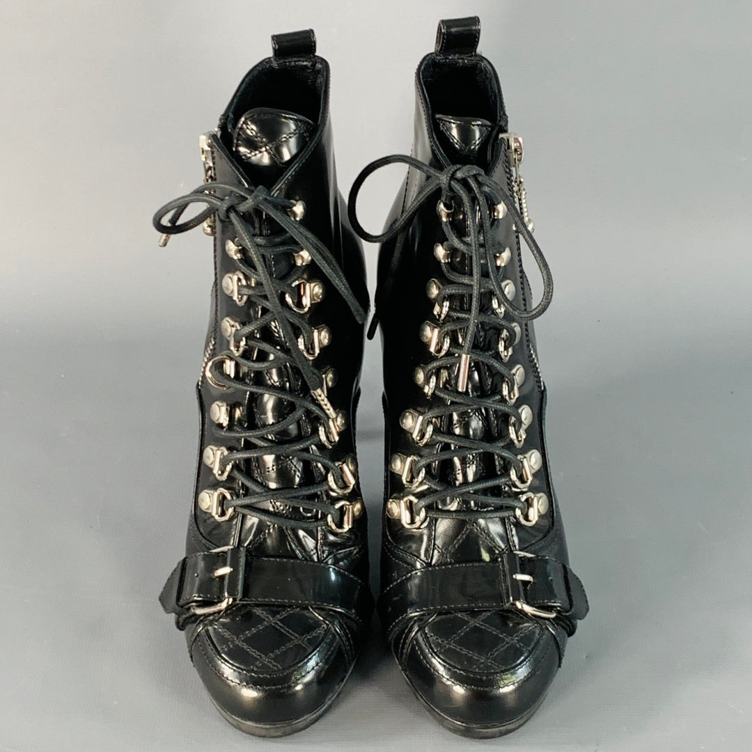 BALENCIAGA Size 7 Black Patent Leather Lace-Up Zipper Stiletto Boots