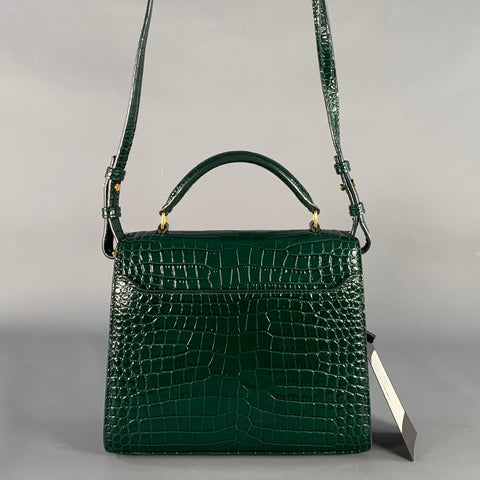 SAINT LAURENT Cassandra Green Gold Croc Embossed Leather Cross Body Mini Handbag