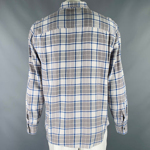 FRAME Size L White Grey Navy Cotton Patch Pockets Long Sleeve Shirt