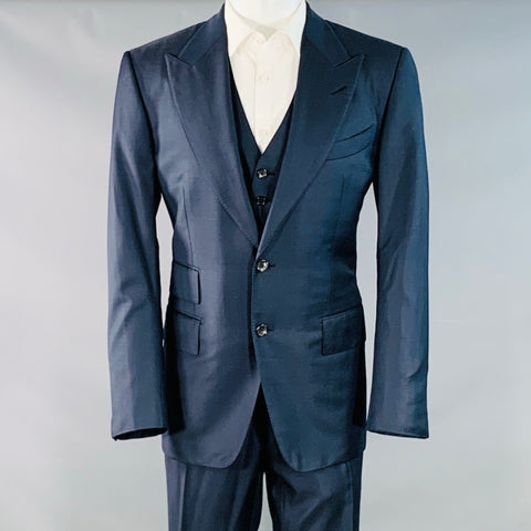 TOM FORD Size 40 Regular Navy Wool Peak Lapel 3 Piece Suit