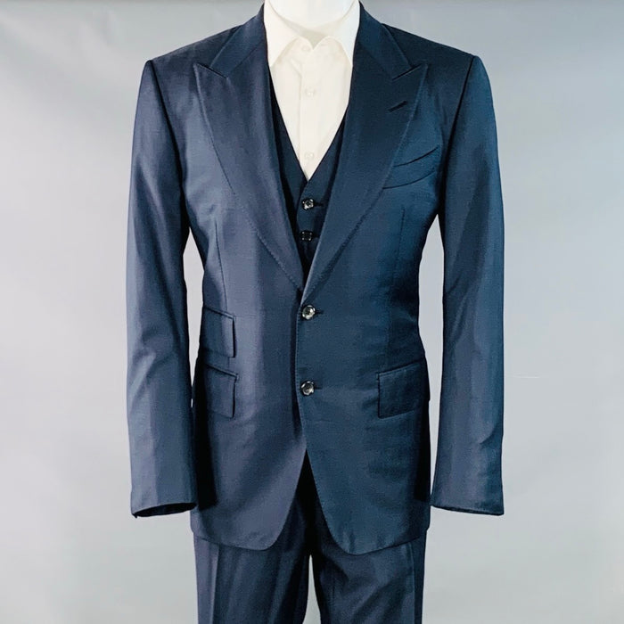 TOM FORD Size 40 Regular Navy Wool Peak Lapel 3 Piece Suit