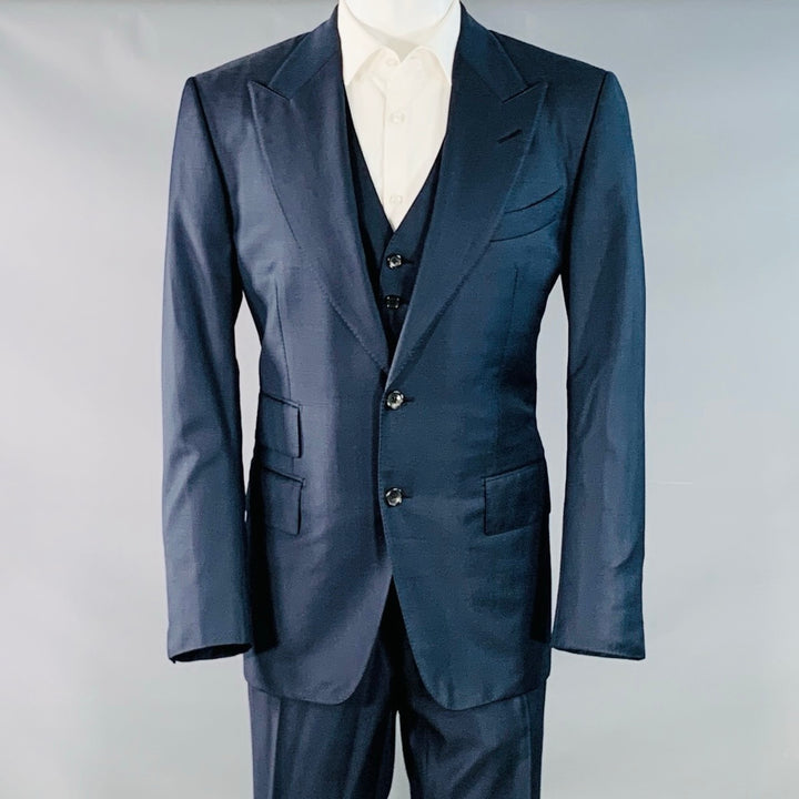 TOM FORD Size 40 Regular Navy Wool Peak Lapel 3 Piece Suit