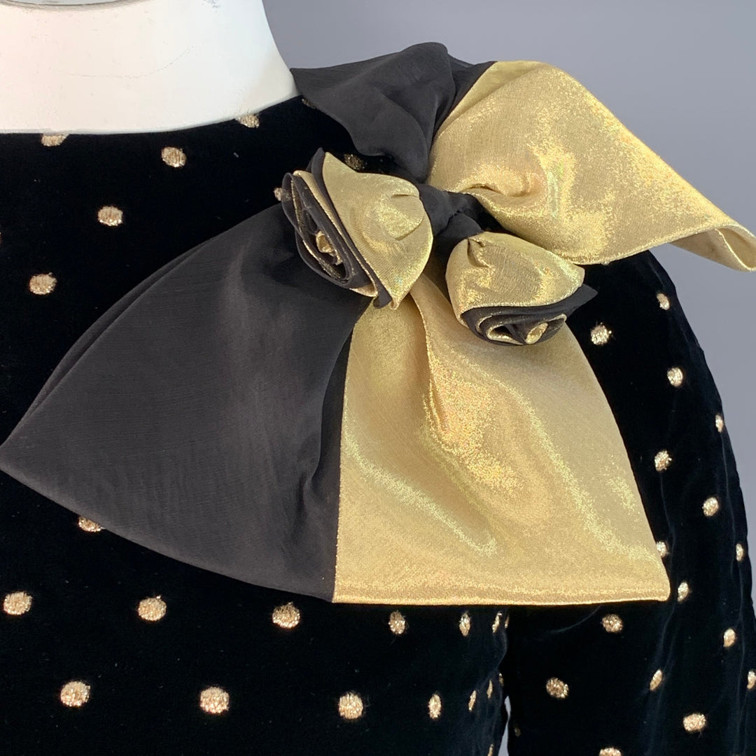 AKRIS Size 14 Black Metallic Gold Velvet Polka Dot Long Sleeve Bow Midi Dress