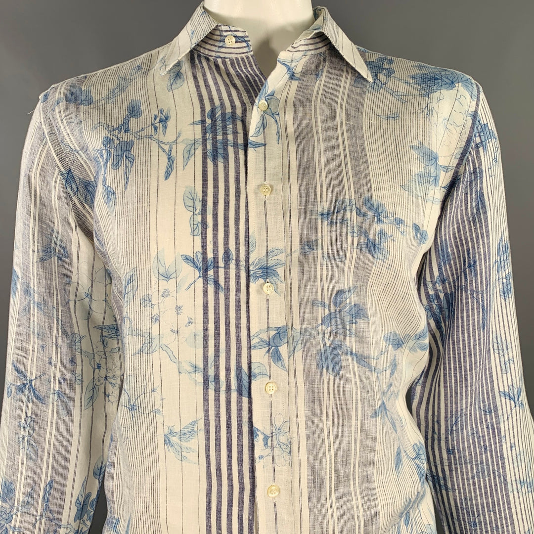 ETRO Size XXL White Blue Floral Linen Curved Cutaway Long Sleeve Shirt