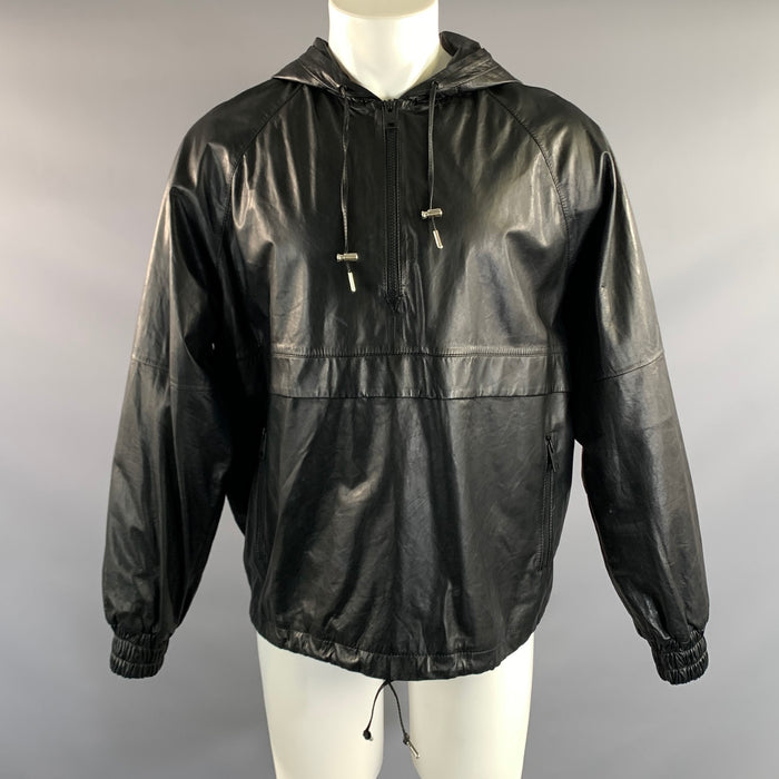 AMI Size M Black Leather Hooded Pullover