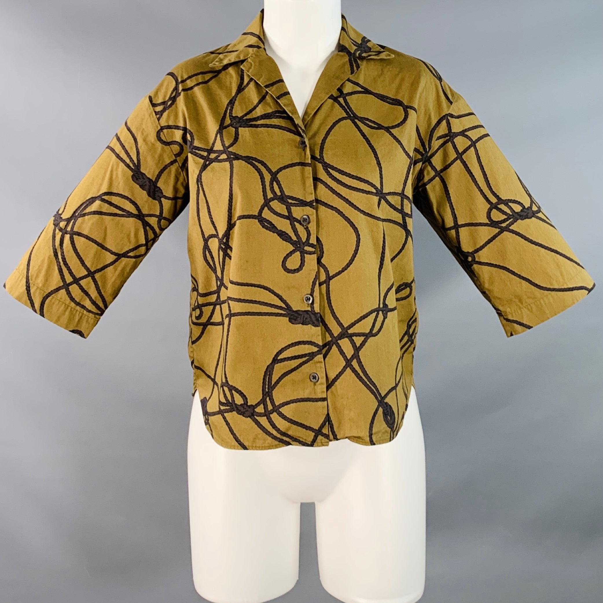 DRIES VAN NOTEN Size XS Brown Olive Green Cotton Knots Camp Blouse
