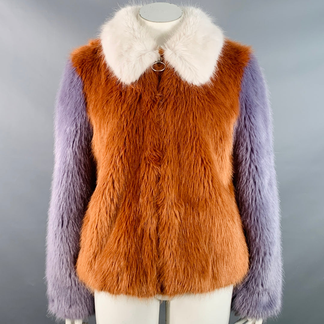 LPA Size L Brown Lavender White Modacrylic Faux Fur Color Block Zip Up Jacket