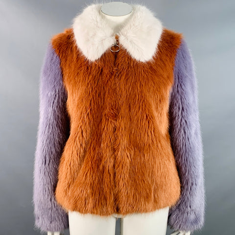 LPA Size L Brown Lavender White Modacrylic Faux Fur Color Block Zip Up Jacket