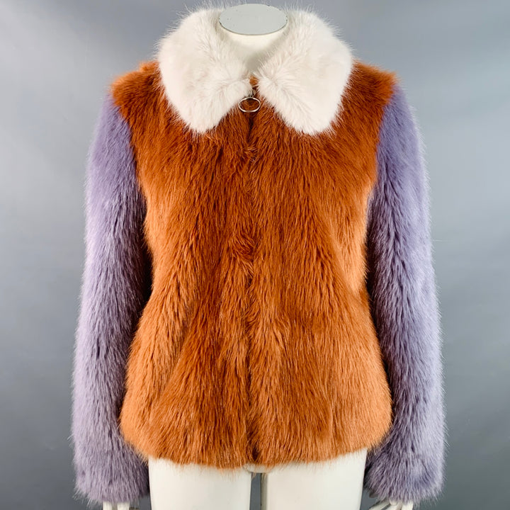 LPA Size L Brown Lavender White Modacrylic Faux Fur Color Block Zip Up Jacket