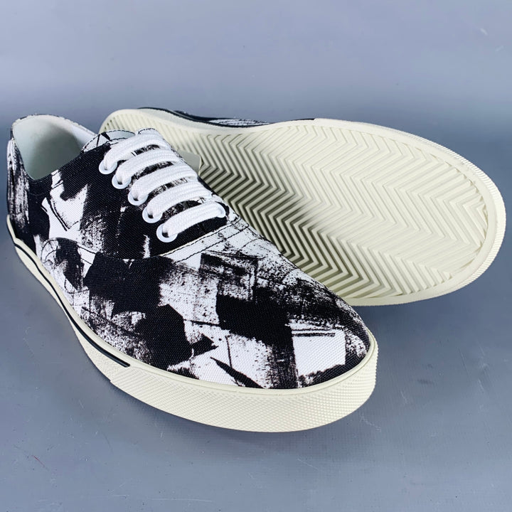CELINE Fall 2019 Size 9 Black White Marbled Canvas Lace-Up Sneakers