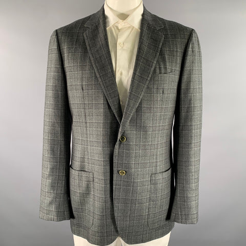 SANTORIO Chest Size 42 Grey Black Tartan Wool Notch Lapel Sport Coat