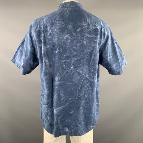 ERMENEGILDO ZEGNA Size XL Blue White Dyed Linen Short Sleeve Shirt