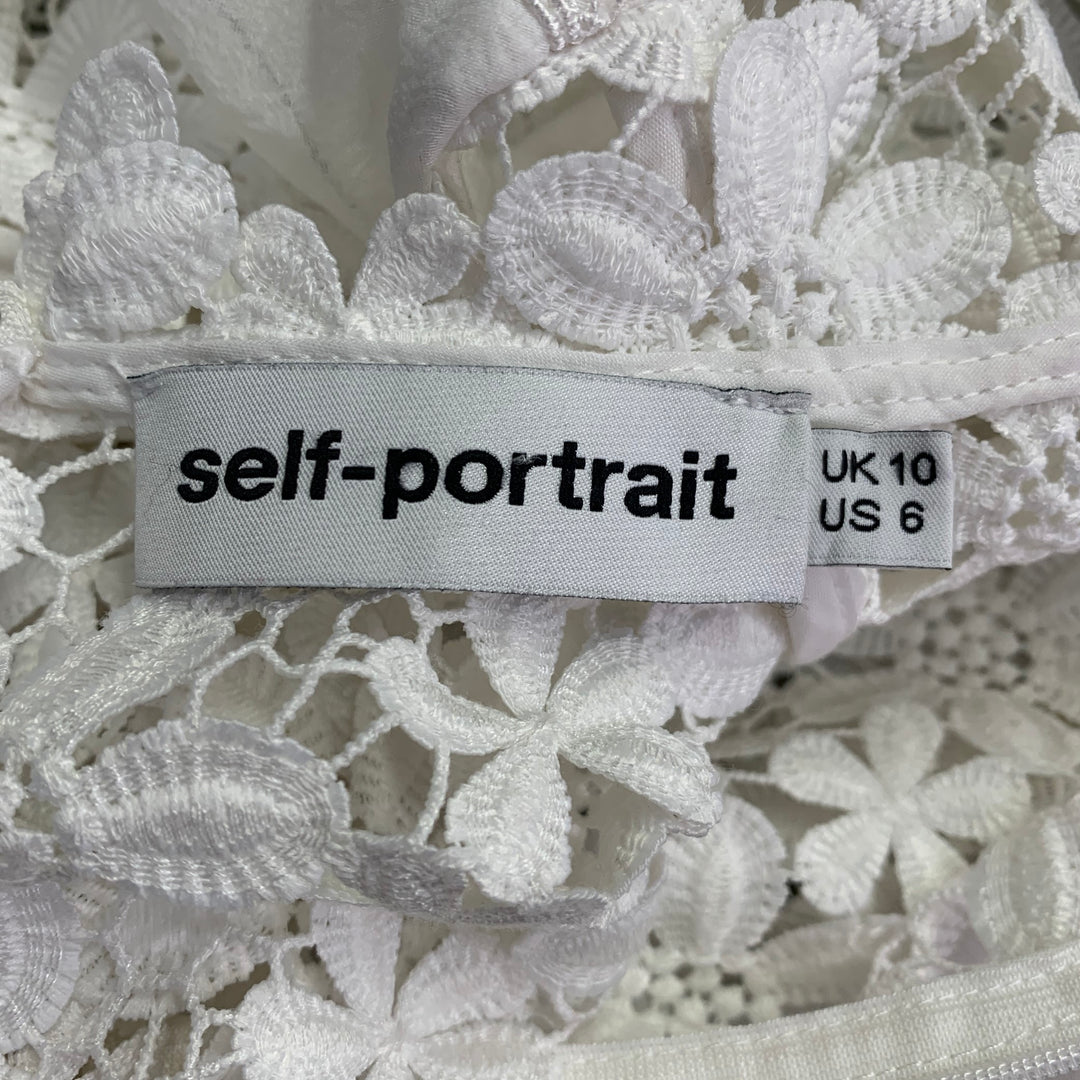 SELF-PORTRAIT Size 6 White Polyester Cotton Floral Crochet Ruffle Blouse