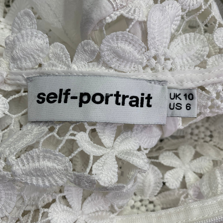 SELF-PORTRAIT Size 6 White Polyester Cotton Floral Crochet Ruffle Blouse