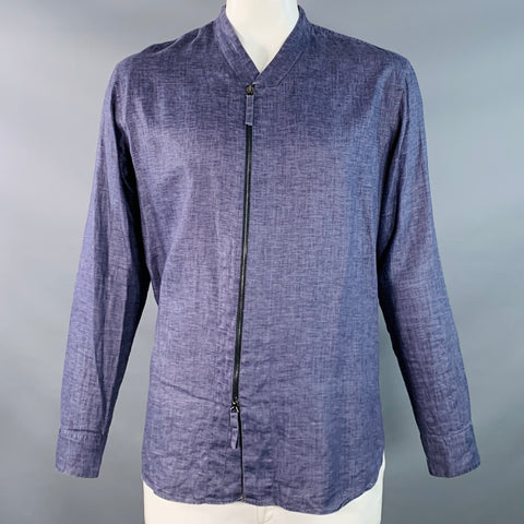 GIORGIO ARMANI Size L Blue Woven Linen Collarless Double Zipper Long Sleeve Shirt