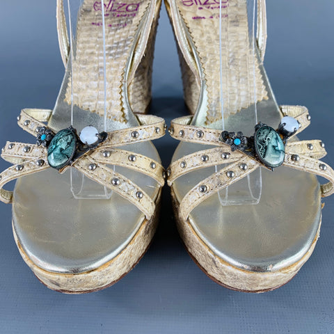ELIZA Size 6 Beige Leather Embellishment Platform Sandals