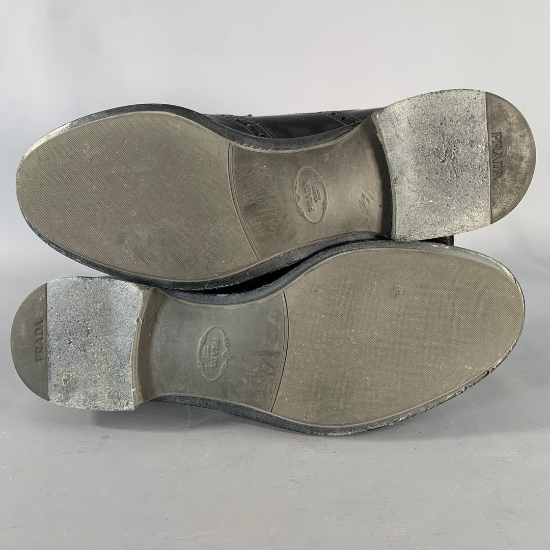 PRADA Size 9.5 Black Leather Perforated Wingtip Derby Lace-Up Shoes