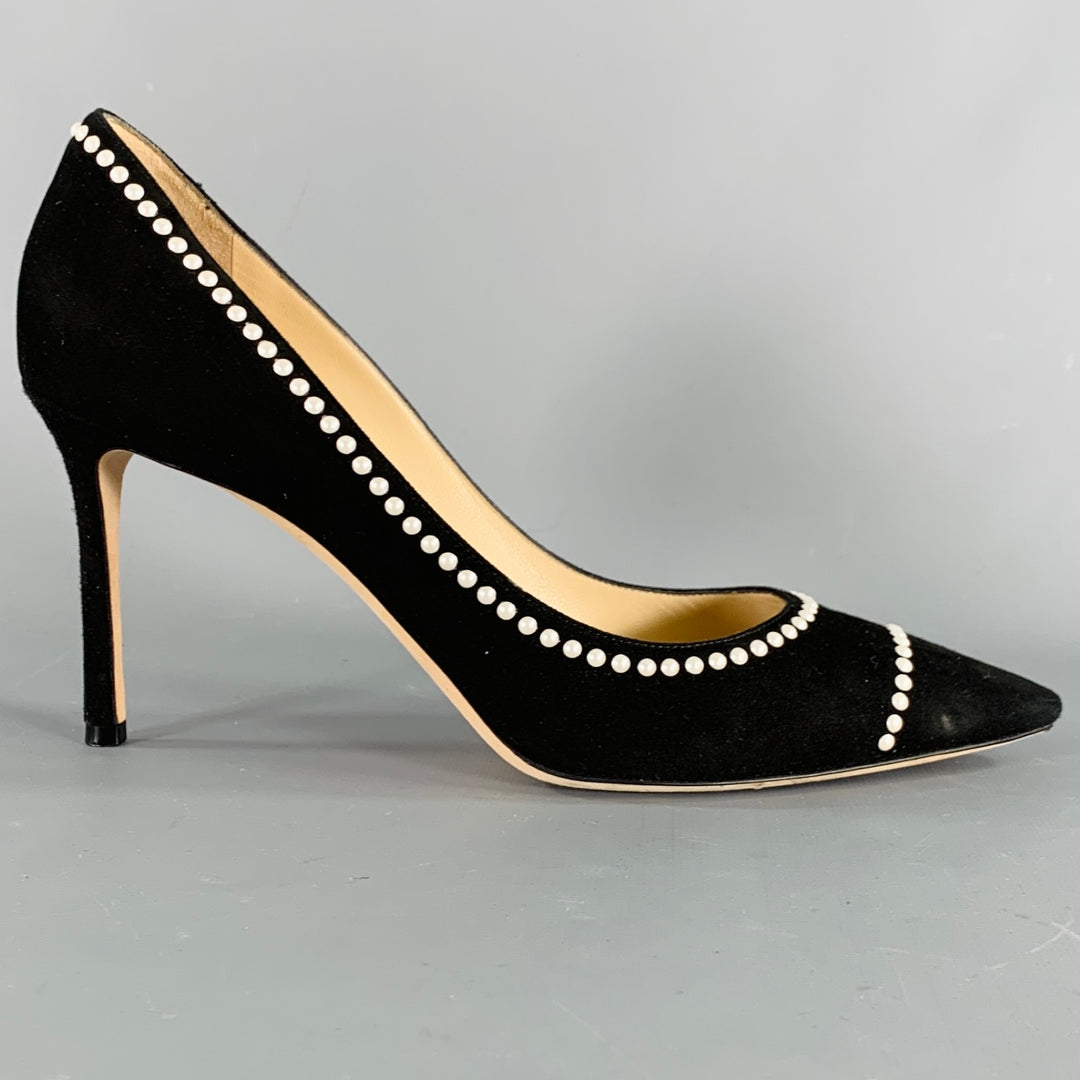 JIMMY CHOO Size 11 Black Cream Suede Faux Pearl Studded Heels Pumps