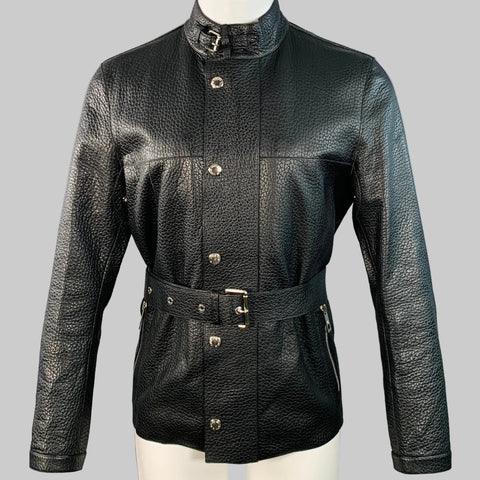 LOUIS VUITTON Size S Black Pebble Grain Bullhide Leather Zip Snaps Belted Jacket
