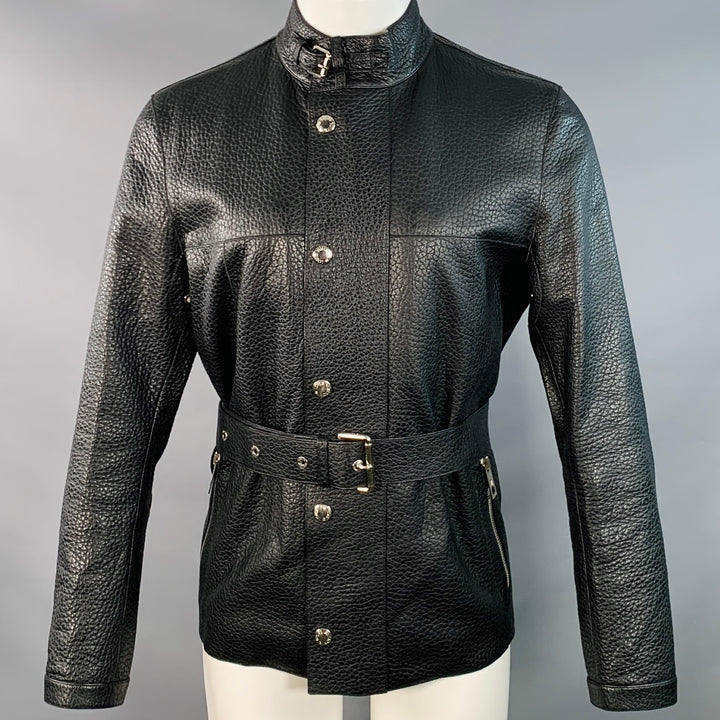 LOUIS VUITTON Size S Black Pebble Grain Bullhide Leather Zip Snaps Belted Jacket