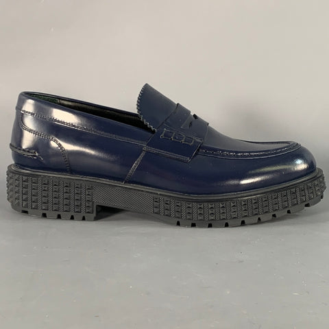 VALENTINO Size 9 Navy Leather Tread Sole Slip On Penny Loafers